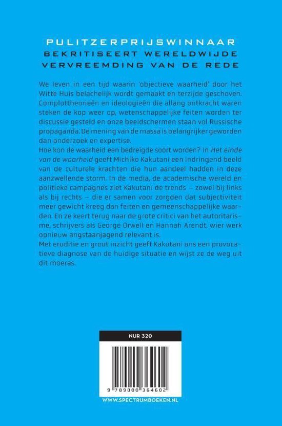 Achterkant boek 'Het einde van de waarheid' met tekst en een barcode met 'NUR 320'.