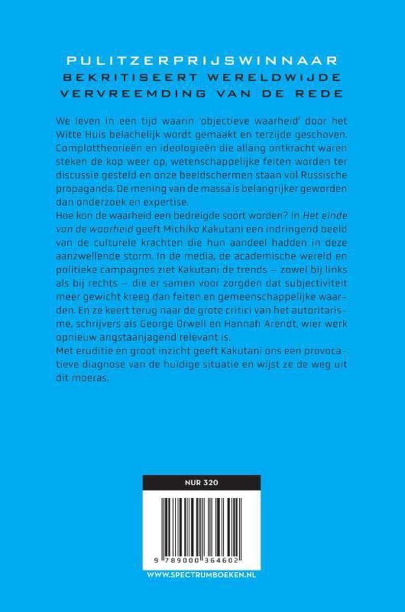Achterkant boek 'Het einde van de waarheid' met tekst en een barcode met 'NUR 320'.