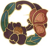 Behave® Dames Broche rond met bloem en vlinder paars groen - emaille sierspeld -  sjaalspeld  4 cm
