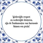 Tegeltje met Spreuk (Tegeltjeswijsheid): Wederzijds respect en wederzijds luisteren, zijn de fundamenten van harmonie binnen een gezin! + Kado verpakking & Plakhanger