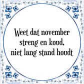 Tegeltje met Spreuk (Tegeltjeswijsheid): Weet dat november streng en koud, niet lang stand houdt + Kado verpakking & Plakhanger