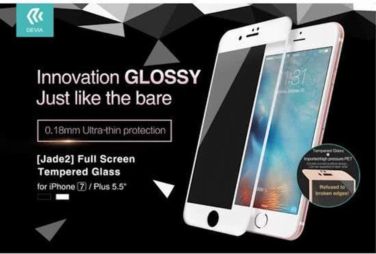 Jade Anti-Blue ray Full Screen Tempered Glass voor Apple iPhone 7 Plus / 8 Plus (0.18mm) - Wit - Devia
