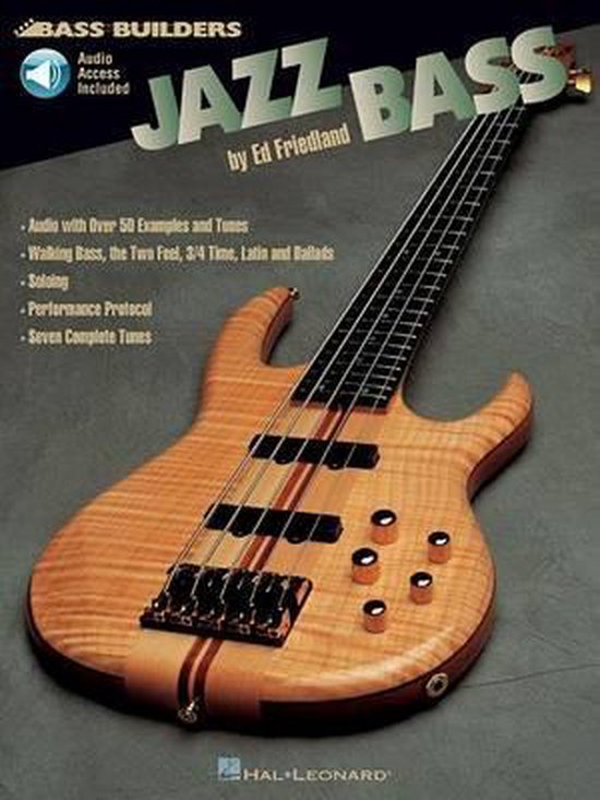 Livre "Jazz Bass" avec image d'une guitare basse sous les projecteurs. "Accès audio inclus".