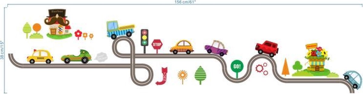 Muursticker met auto's op de weg en decoratie (variant A) - Muursticker auto's op snelweg - Muursticker snelweg met auto's - Muursticker speelkamer - Muursticker auto fan - Muursticker kinderkamer - Afmeting L30 x B90 cm