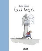Boekomslag 'Opas Engel' van Jutta Bauer, met een jongen die wegrent van een engel op een sokkel.