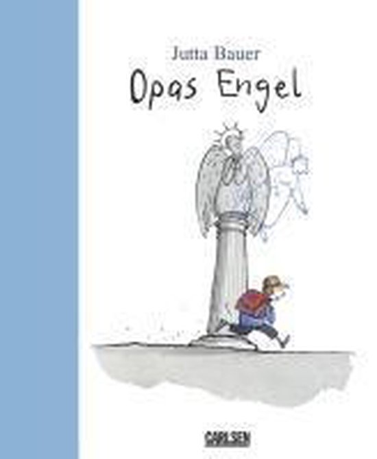 Boekomslag 'Opas Engel' van Jutta Bauer, met een jongen die wegrent van een engel op een sokkel.