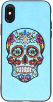 Blauw Borduurwerk Doodshoofd TPU Back Cover Hoesje voor iPhone X