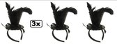 3x Mini hoge hoed op hoofdband metallic zwart+veren