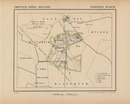 Historische kaart, plattegrond van gemeente Bussum in Noord Holland uit 1867 door Kuyper van Kaartcadeau.com