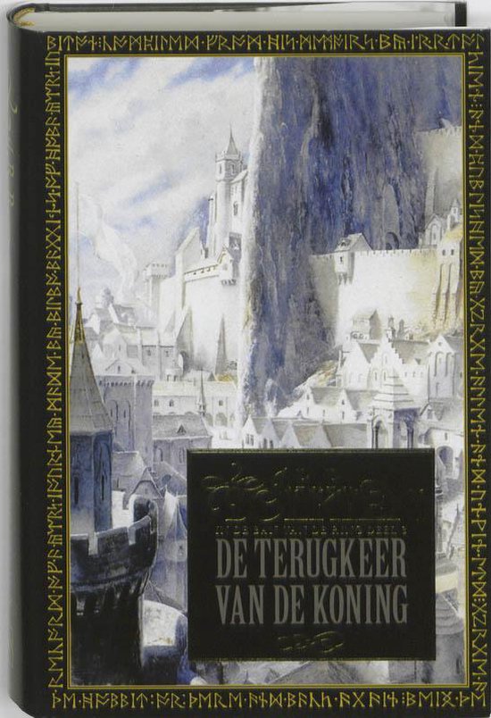Livre "In de ban van de ring 3 De terugkeer van de koning" avec illustration d'une ville et montagnes.