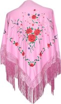 Spaanse manton - omslagdoek - roze met rozen bij verkleedkleding of Flamenco jurk