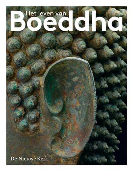 Boek "Het leven van Boeddha" met close-up van Boeddha's hoofd en tekst.