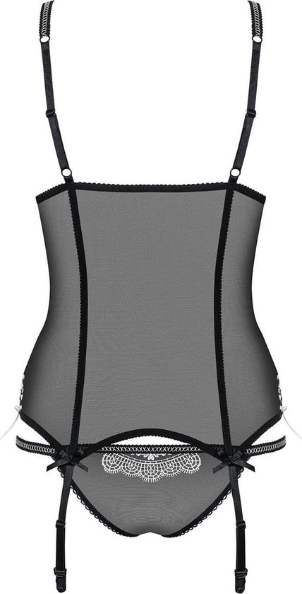 Obsessive - Ensemble corset transparent sexy avec string assorti et petits nœuds - Taille SM - Noir