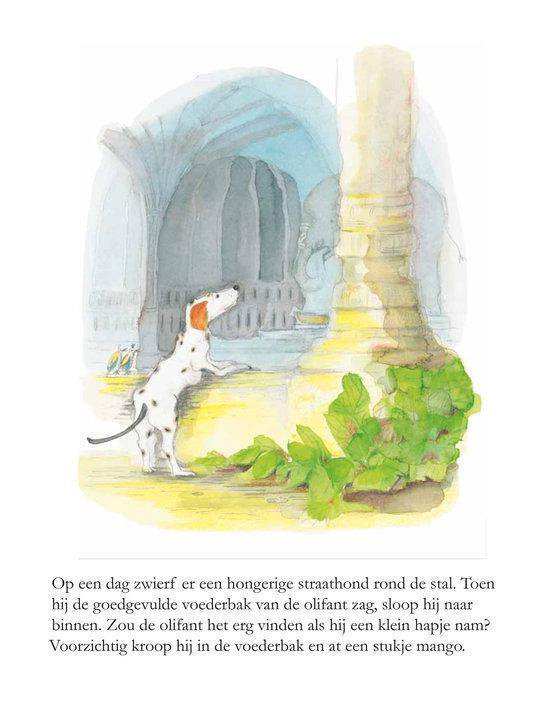 Een hondje met witte en bruine vlekken staat op zijn achterpoten bij een zuil en kijkt naar een voederbak.