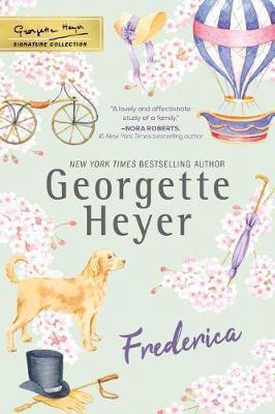 Boek 'Frederica' van Georgette Heyer met een gouden hond, fiets, hoed en luchtballon op een achtergrond van bloeiende kersenbloesems.