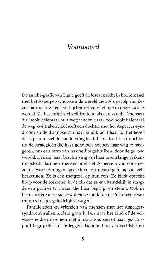 Bladzijde 5 met 'Voorwoord' over de autobiografie van Liane Holliday Willey. Ze geeft inzicht in haar sociale wereld en de diagnose van haar kind met Asperger.