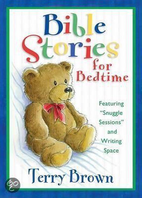 Boek 'Bible Stories for Bedtime' met een teddybeer met strik, geschreven door Terry Brown.