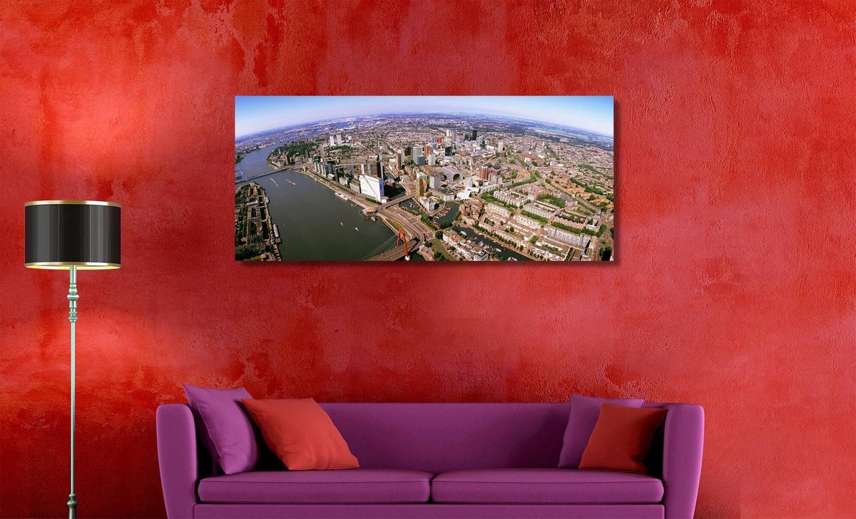 Rotterdam in Panorama | 120 x 50 cm | Foto op Canvas | Luchtfoto | Wanddecoratie | Skyline | Bijzonder Gedetailleerd