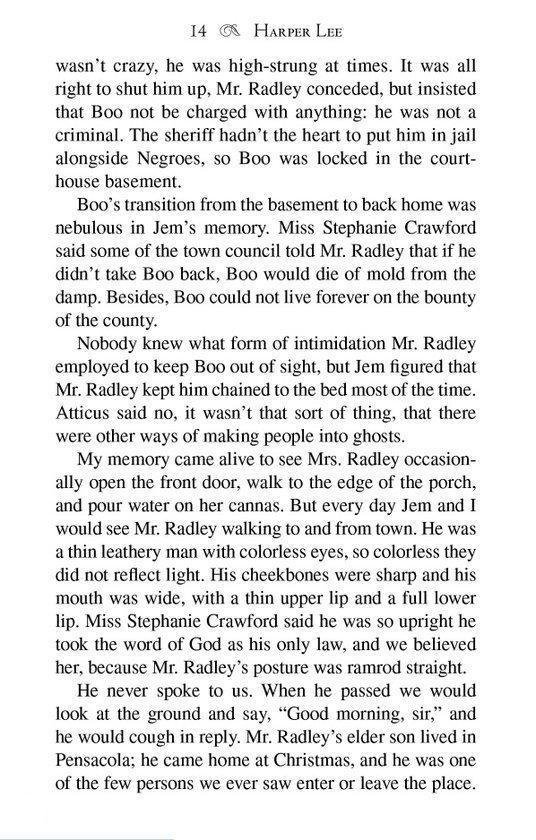 Page de texte du livre "To Kill a Mockingbird", commençant par "wasn't crazy, he was high-strung...".