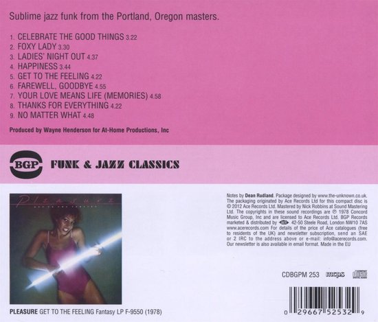 Albumhoes van 'Pleasure Get To The Feeling', met een vrouw in paars turnpakje, tracklist en albuminformatie.