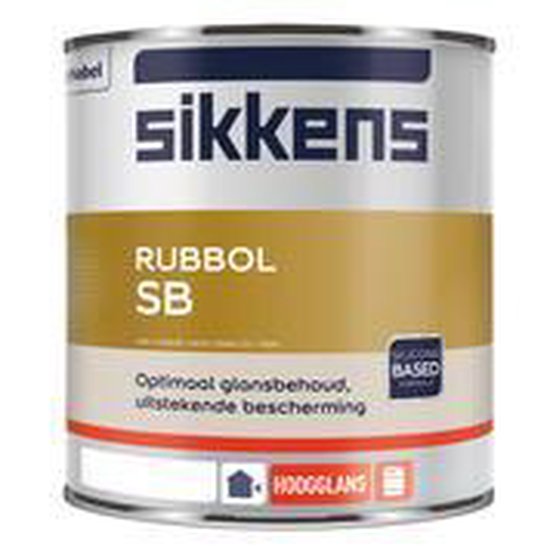 Blik Sikkens Rubbol SB hoogglans lak, wit met gouden accent en rode band. "Hoogglans".