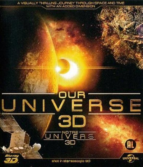 Cover van de film Our Universe 3D, met een zonsverduistering, de aarde en een ruimteschip.