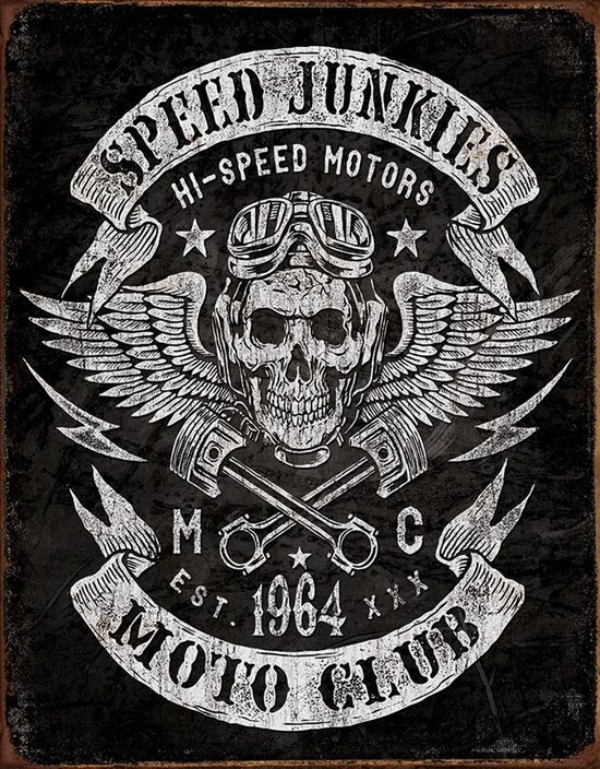 Signs-USA Speed Junkies - Skull - Motor club - retro wandbord - 40 x 30 cm