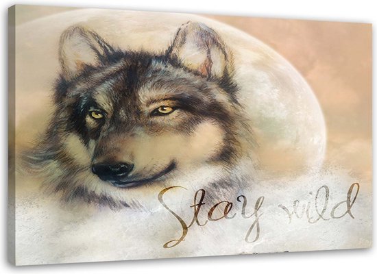 Trend24 - Canvas Schilderij - Wolf Stay Wild - Schilderijen - Dieren - 90x60x2 cm - Beige