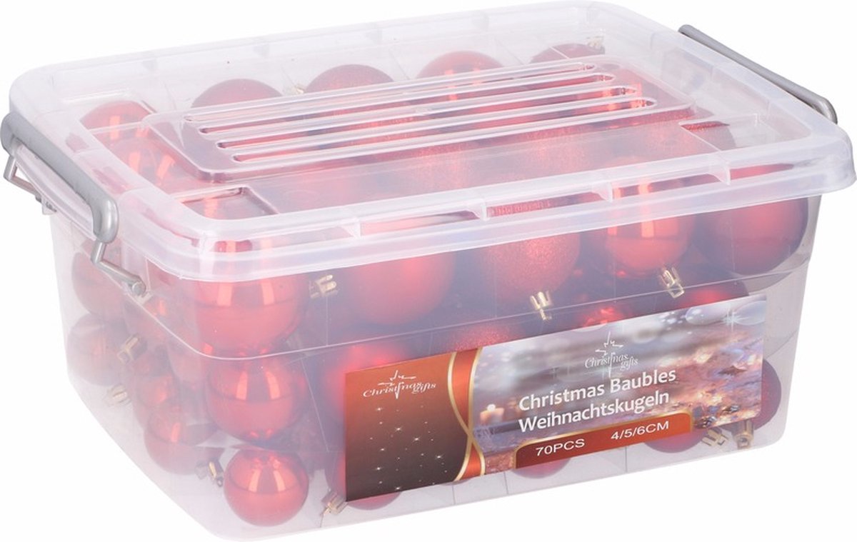 Bol.com Christmas Gifts Kerstballen - rood - 70x stuks - mix - in opbergbox - kerstversiering aanbieding