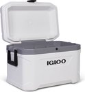 Open witte Igloo koelbox met grijze dekselrand en handvatten.