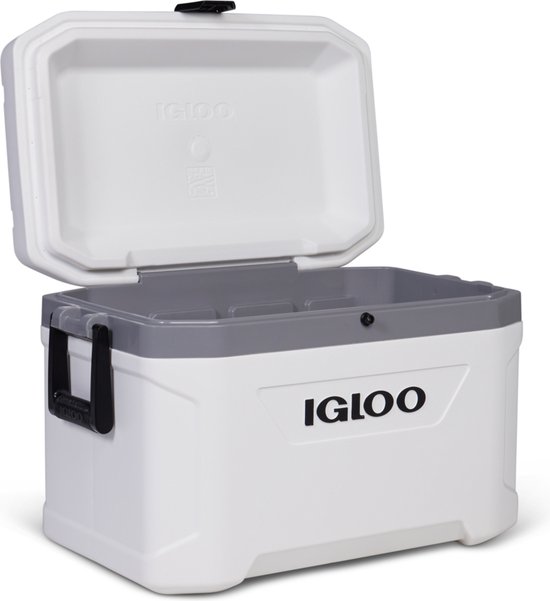 Open witte Igloo koelbox met grijze dekselrand en handvatten.