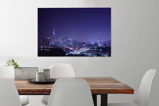 Skyline nocturne de la ville japonaise de Fukuoka Toile 90x60 cm - Tirage photo sur toile (Décoration murale salon / chambre) / Villes asiatiques Peintures sur toile