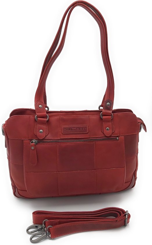 Hill Burry – VB100111 -3197 - cuir véritable - femme - sac à main à carreaux - robuste - chic - aspect - cuir vintage - Rouge