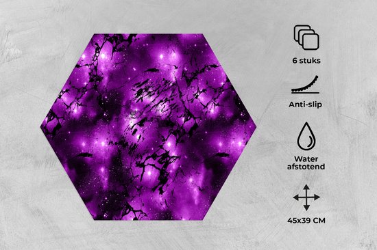 Placemats hexagon - Onderleggers placemats - Placemat zeshoek - Sterrenhemel - Marmer print - Paars - Zwart - Patronen - 6 stuks