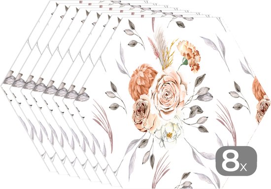 Napperons hexagon - Sets de table - Set de table hexagone - Motifs - Fleurs - Rose - Wit - 8 pièces