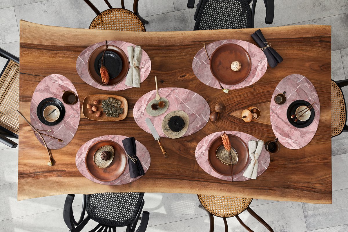 Placemats ovaal - Onderleggers - Ovale placemats - Graniet print - Steen - Roze - Wit - 8 stuks