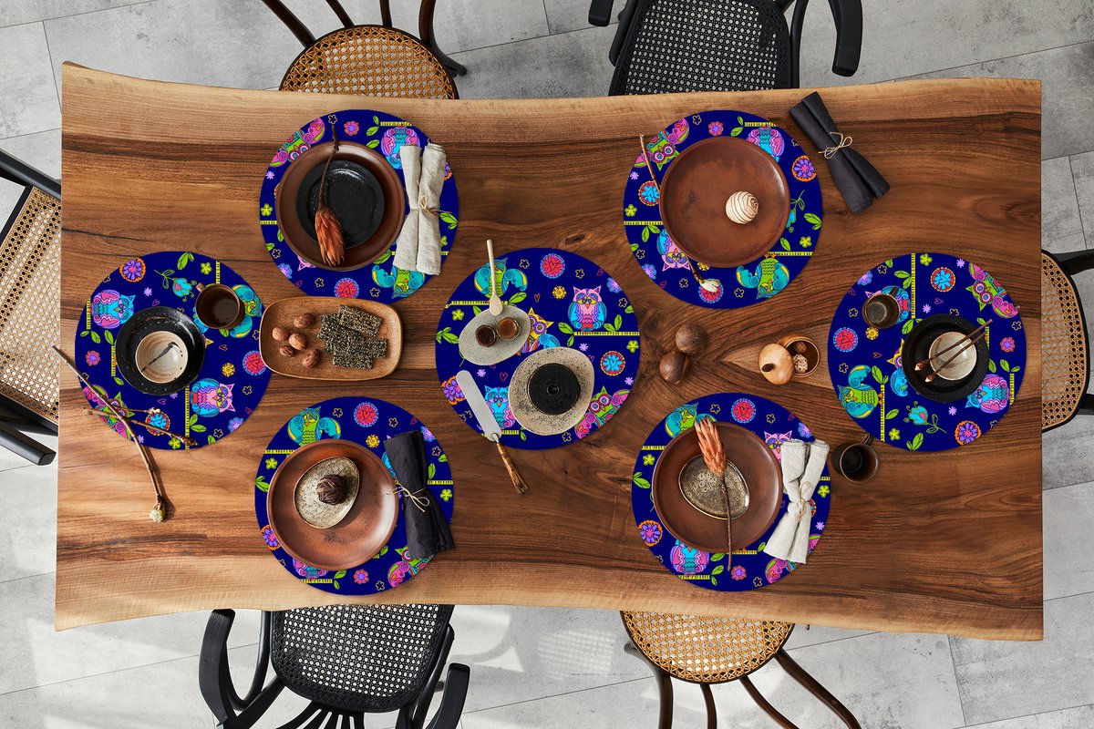 Ronde placemats - Onderlegger - Placemats rond - Patroon - Uil - Takken - 8 stuks