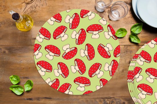 Sets de table ronds - Dessous de verre - Napperons ronds - Champignon - Rouge - Motifs - 8 pièces