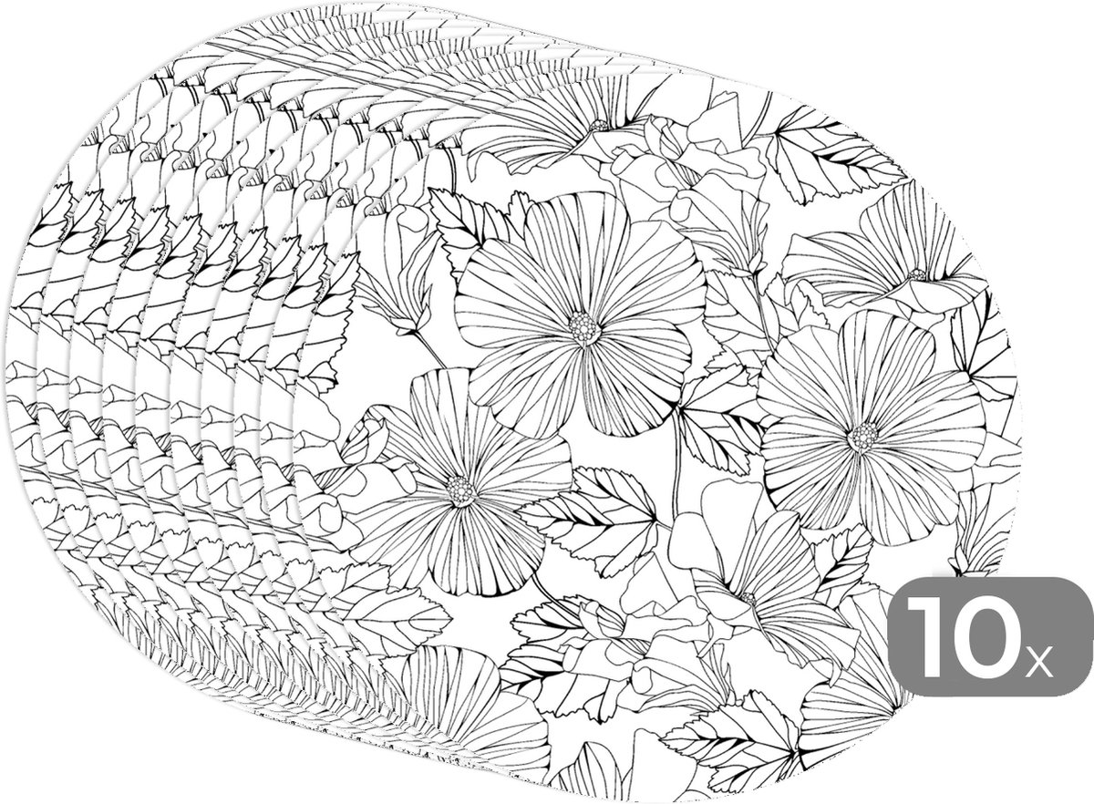 Ronde placemats - Onderlegger - Placemats rond - Bloemen - Zwart - Wit - Design - Flora - 10 stuks