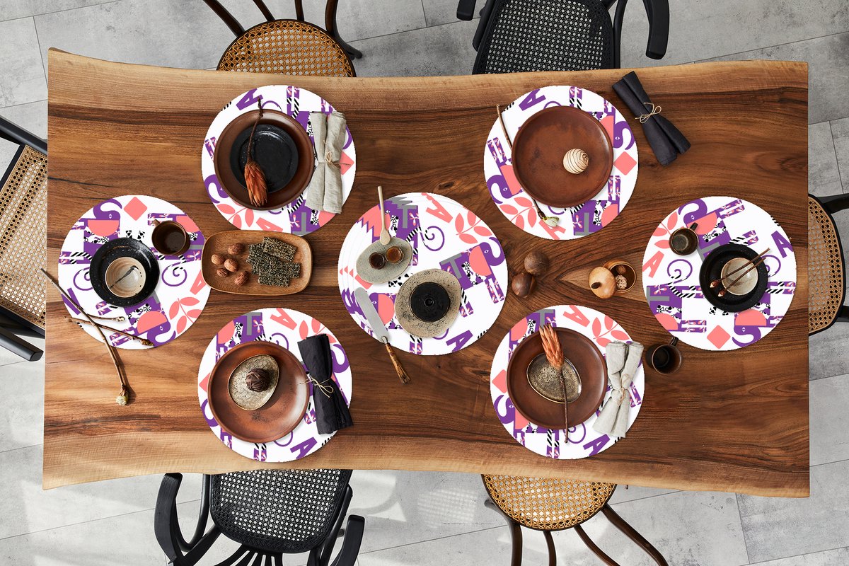 Ronde placemats - Onderlegger - Placemats rond - Olifanten - Bladeren - Paars - Patroon - 10 stuks