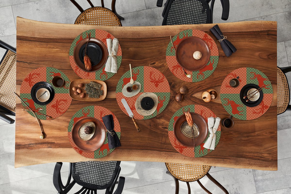 Ronde placemats - Onderlegger - Placemats rond - Patroon - Hert - Groen - Rood - 8 stuks
