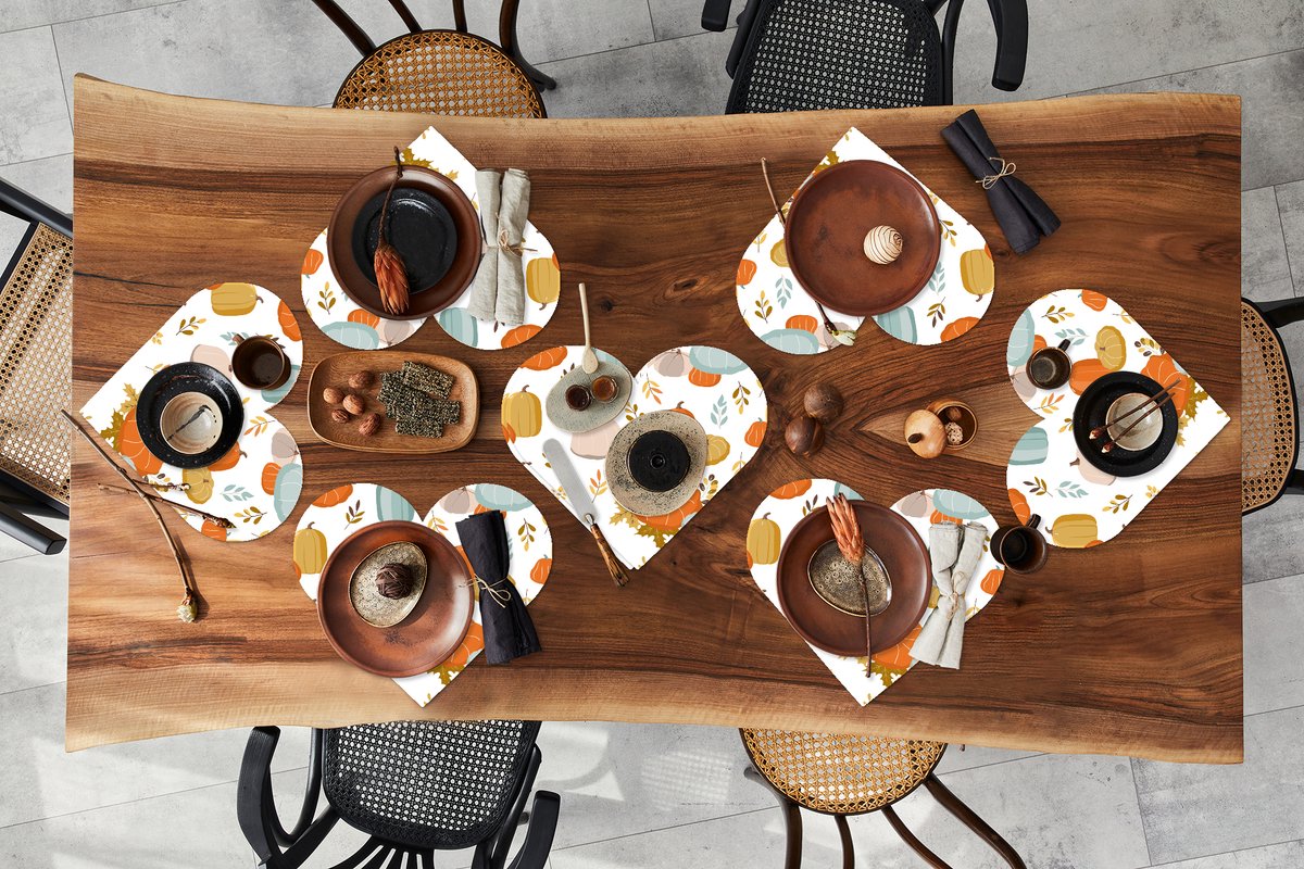 Onderleggers - Placemats - Placemats hartje - Pompoen - Herfst - Patroon - 8 stuks