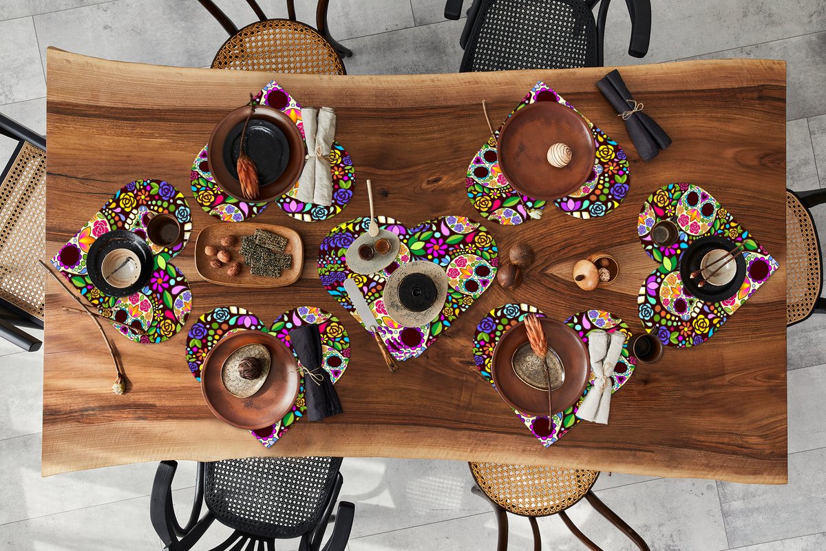 Onderleggers - Placemats - Placemats hartje - Bloemen - Skull - Patronen - 10 stuks