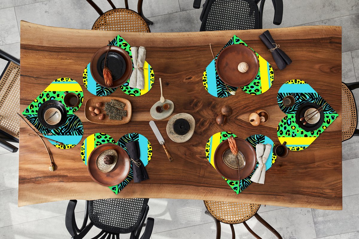 Onderleggers - Placemats - Placemats hartje - Design - Panterprint - Geel - Groen - 6 stuks