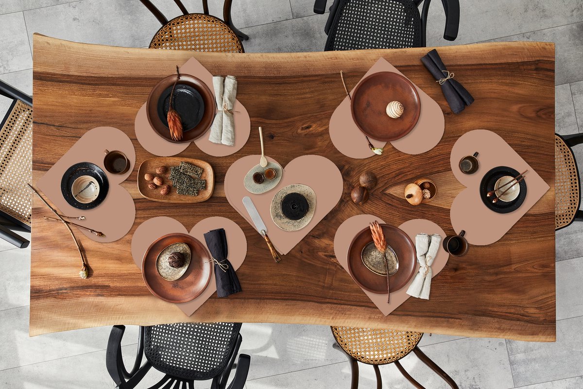 Onderleggers - Placemats - Placemats hartje - Beige - Kleur - Roze - 8 stuks