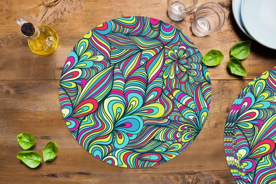 Sets de table ronds - Dessous de verre - Napperons ronds - Fantasy - Design - Couleurs - Rétro - 8 pièces