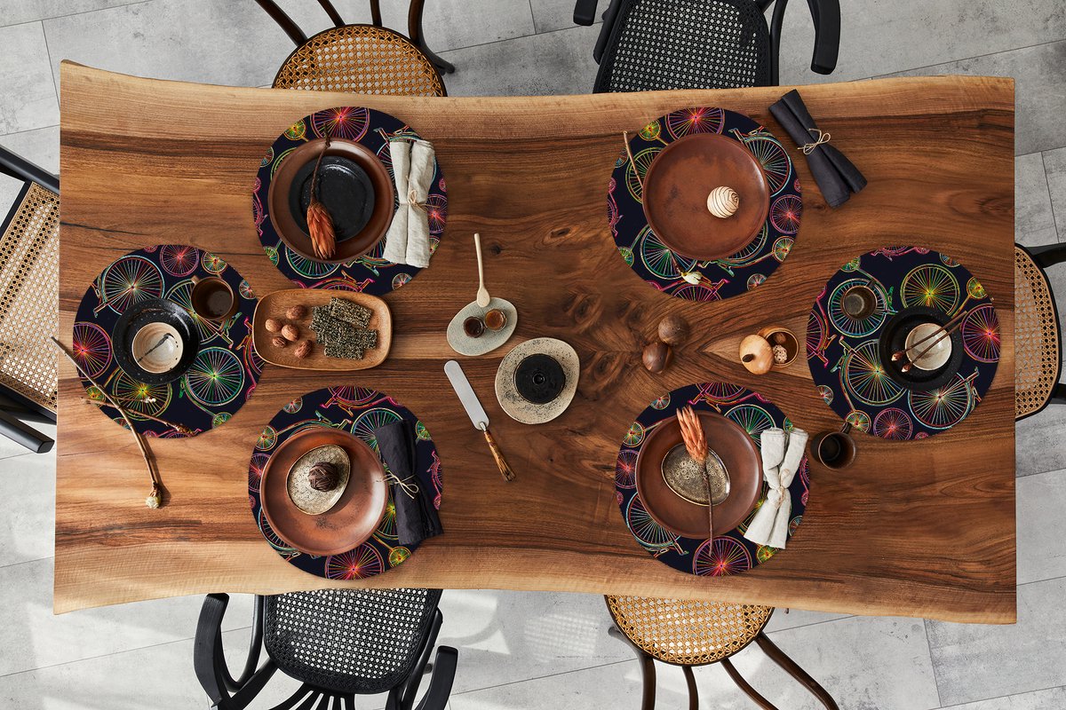 Ronde placemats - Onderlegger - Placemats rond - Puber - Fiets - Patronen - 6 stuks