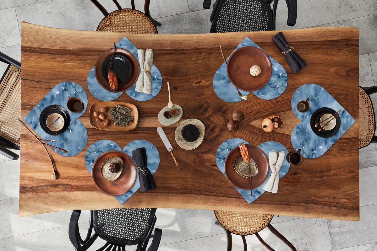 Onderleggers - Placemats - Placemats hartje - Waterverf - Patroon - Blauw - 6 stuks