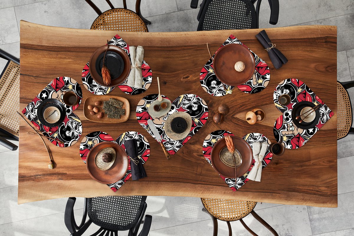 Onderleggers - Placemats - Placemats hartje - Rock - Rock 'n roll - Patroon - Doodshoofd - 8 stuks