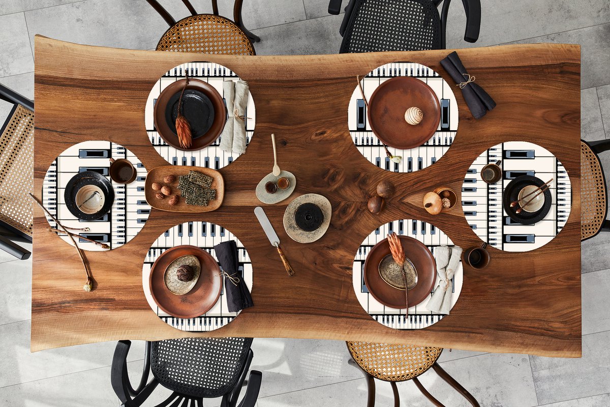 Ronde placemats - Onderlegger - Placemats rond - Piano - Patronen - Muziek - 6 stuks